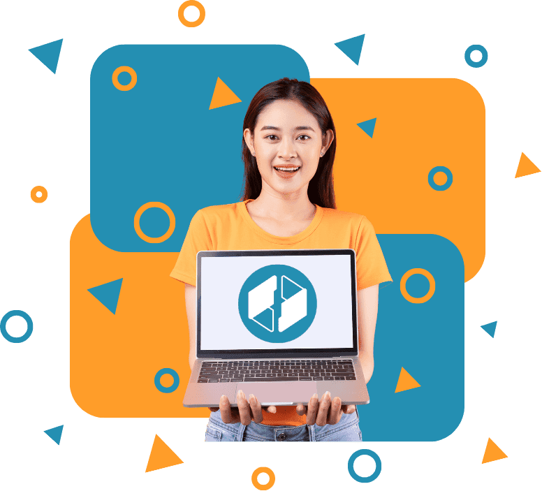 Smiling woman holding a laptop displaying the OpenKM logo, representing digital transformation and smart document management.