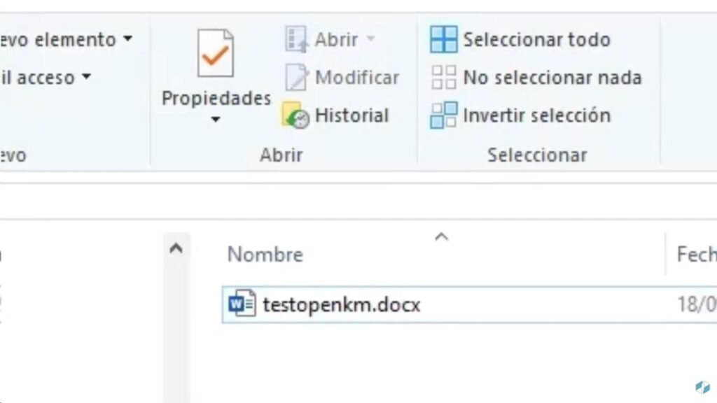 Documento testopenkm.docx en el explorador de archivos