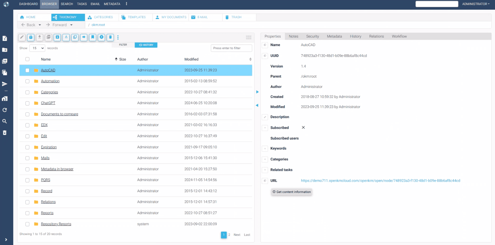 OpenKM Interface – Document Management with Metadata and Access Controls Interfaz de usuario de OpenKM que muestra funciones del sistema de gestión documental, incluyendo carpetas, metadatos y controles de acceso.